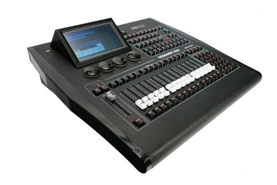Mesa de mistura de áudio digital preta com ecrã tátil e controlo por botões e sliders