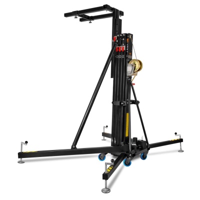 Suporte elevatório metálico preto com rodas azuis e apoios ajustáveis