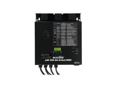 Fonte de alimentação preta Eurolite LED PSU-8A ArtNet/DMX com texto branco e entradas na parte inferior