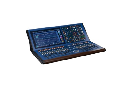 Mesa de mistura e controlo de som digital azul e preta com base de madeira