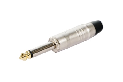 Conector jack de áudio 6,35 mm metálico prateado com ponta dourada