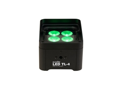 Dispositivo LED preto com quatro luzes verdes no topo e inscrição frontal eurolite LED TL-4