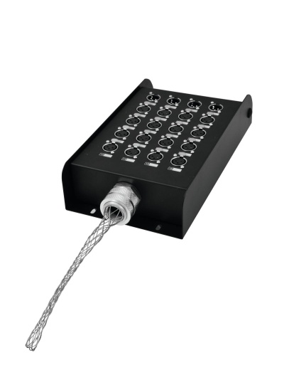 Caixa preta com múltiplas entradas XLR e cabo protegido por malha metálica