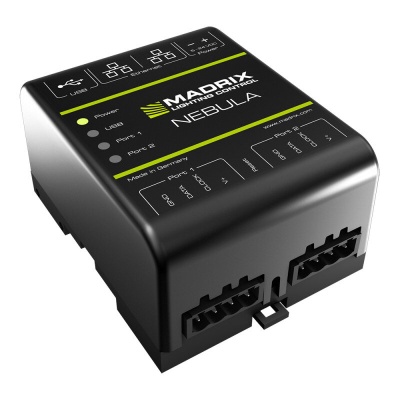 Controlador de iluminação Madrix Nebula preto com texto branco e amarelo