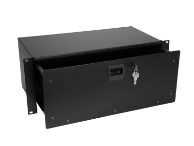 gaveta metálica preta com chave e puxador para rack