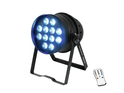 Luz LED azul para palco com suporte preto e comando remoto branco.