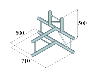 Estrutura metálica tridimensional com tubos e suportes triangulares, com medidas