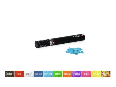 Tubo preto com confeti azul em forma de estrelas, faixa colorida com nomes das cores sobre fundo branco.