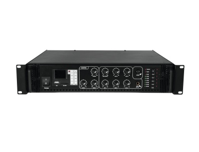 Amplificador áudio preto em rack com botões e mostrador digital