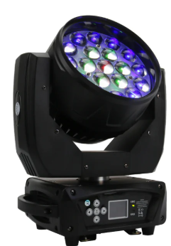 Luz de palco profissional tipo moving head preta com LEDs coloridos e painel de controlo