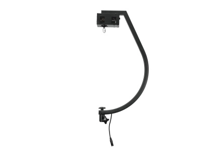 Suporte metálico preto curvo com fixação e cabo em fundo branco