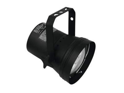 Projetor de luz preto em metal com alça e lente frontal