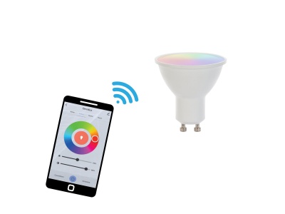Lâmpada LED com base GU10 e smartphone a controlar cor da luz