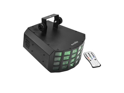 Máquina de luz preta com elementos verdes e controlo remoto branco