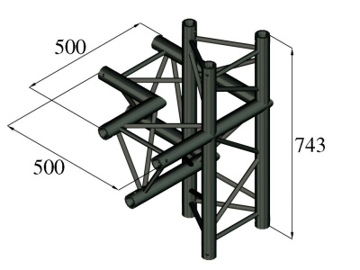 Estrutura metálica preta com tubos cilíndricos e ligações triangulares, medidas 500x500x743 mm