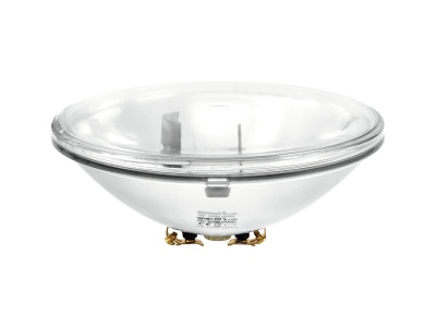 Lâmpada parabolóide de vidro transparente com base metálica dourada