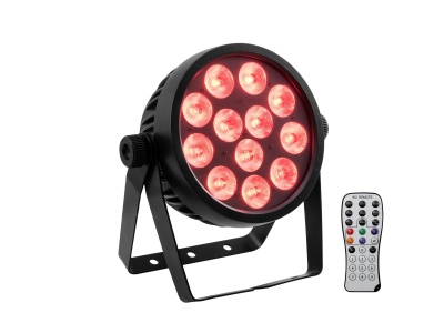 Projetor LED vermelho com suporte e comando remoto em fundo branco
