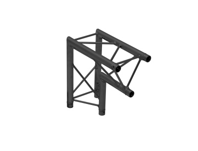 Estrutura metálica preta em forma de L com barras cruzadas reforçadas