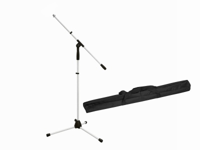 Suporte de microfone ajustável branco com base tripé e estojo preto para transporte