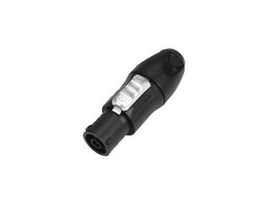 Conector elétrico preto com peça metálica prateada