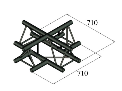 Estrutura metálica tubular preta em forma de cruz com barras diagonais, dimensões 710x710.
