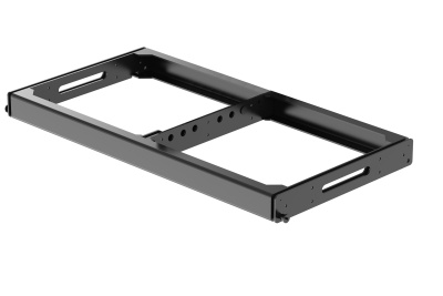 Estrutura metálica retangular preta com orifícios e ranhuras