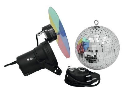 Conjunto de iluminação para festas com refletor preto e bola espelhada prateada