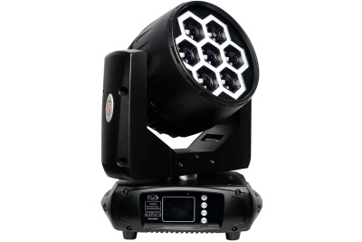 Luz LED profissional para palcos com 7 lentes hexagonais e visor de controlo.