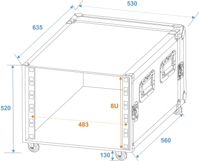 Desenho técnico de rack de equipamento com rodas e dimensões em milímetros