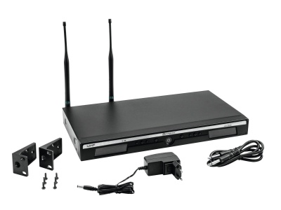 Sistema de microfone sem fios UHF preto com antenas e acessórios