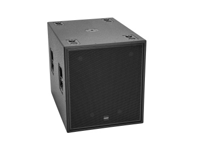 Caixa de som subwoofer preta com grelha metálica