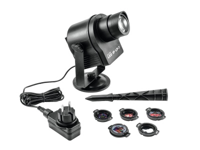 Projetor LED preto com suporte e cinco lentes coloridas