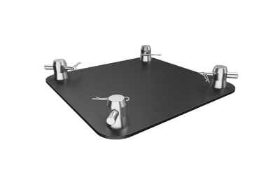 Base quadrada preta com quatro suportes metálicos prateados