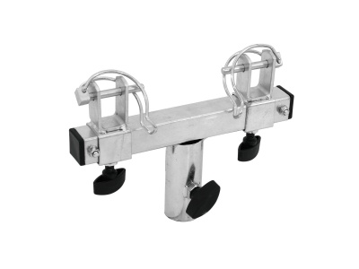 Suporte metálico com presilhas e ajustadores pretos em fundo branco