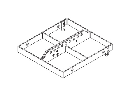 Estrutura metálica quadrada com divisórias e furos circulares