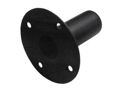 Suporte cilíndrico preto com base circular e quatro furos para fixação