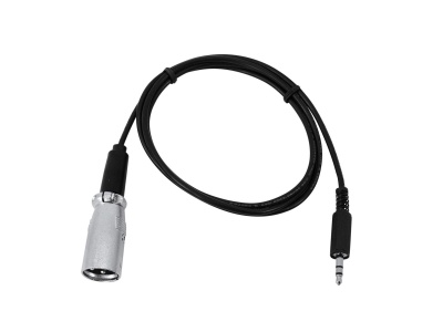 Cabo adaptador preto com conector fêmea XLR prateado e conector macho jack 3,5 mm