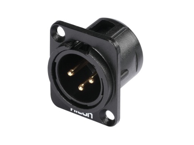 Conector elétrico XLR macho preto com 3 pinos dourados