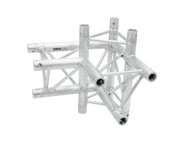 Estrutura metálica prateada modulada com tubos e etiquetas