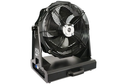 ventoinha industrial preta com base robusta e grelha metálica circular