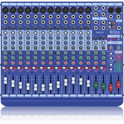 Mesa de mistura sonora azul DM16 IDDA com botões e faders
