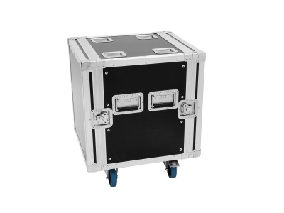 Mala de transporte preta com estrutura de metal prateado e rodas azuis