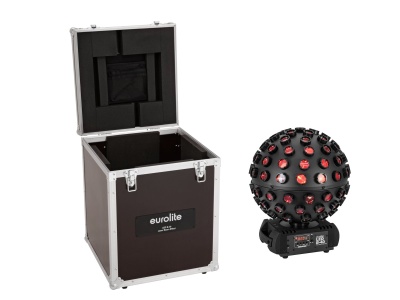 Disco ball LED preto com LEDs vermelhos e caixa de transporte preta