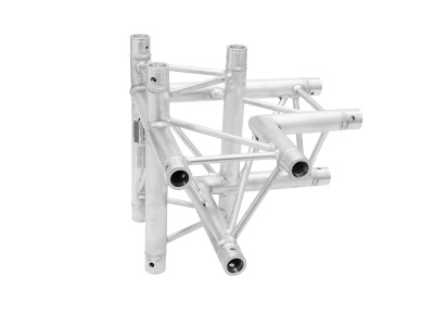 Estrutura metálica prateada com tubos cilíndricos interligados em suporte angular