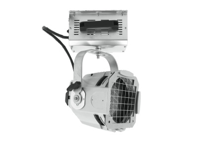 Projetor de luz metálico cinza com suporte e proteção de grade frontal