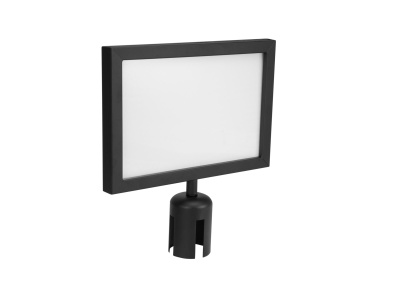 Suporte retangular preto com painel branco e base cilíndrica para fixação