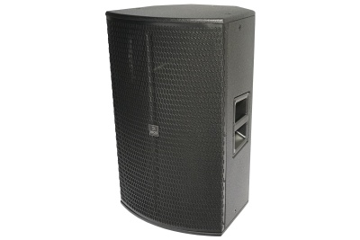 Coluna de áudio preta com grelha metálica frontal e estrutura rígida.