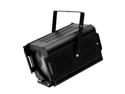 Projetor de luz preto com lente grande e suporte ajustável em fundo branco