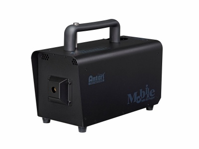 Máquina portátil para efeitos de fumo preta com punho rígido e inscrições na lateral