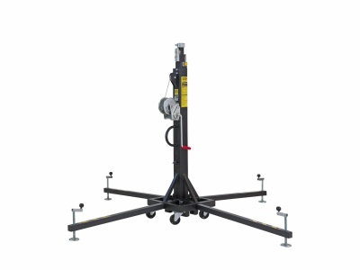 Suporte de elevação metálico preto com braços e rodízios